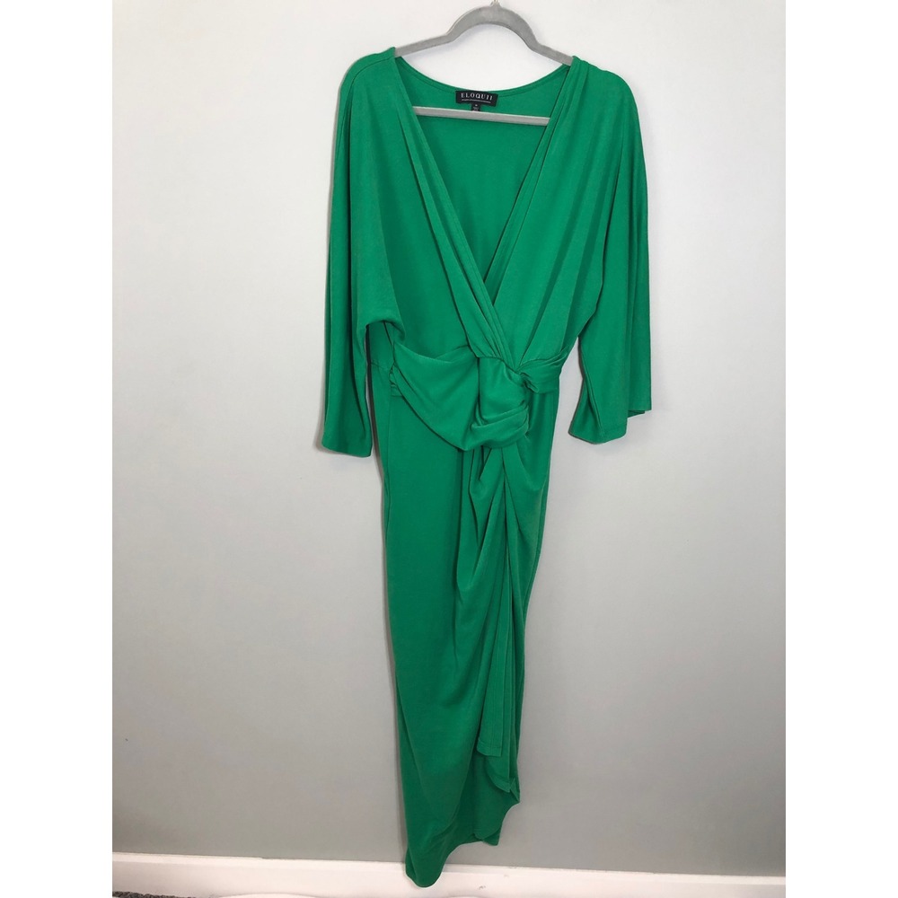 Eloquii Faux Wrap Knot Front Maxi Dress Womens 14 Green V-Neck Long Sleeve